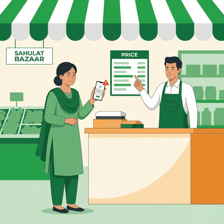 Consumer support and complaint reporting system at Punjab Sahulat Bazaar in Punjab, Pakistan, showing helpline access, mobile app alerts, and on-site control room support for reporting price violations and service issues.