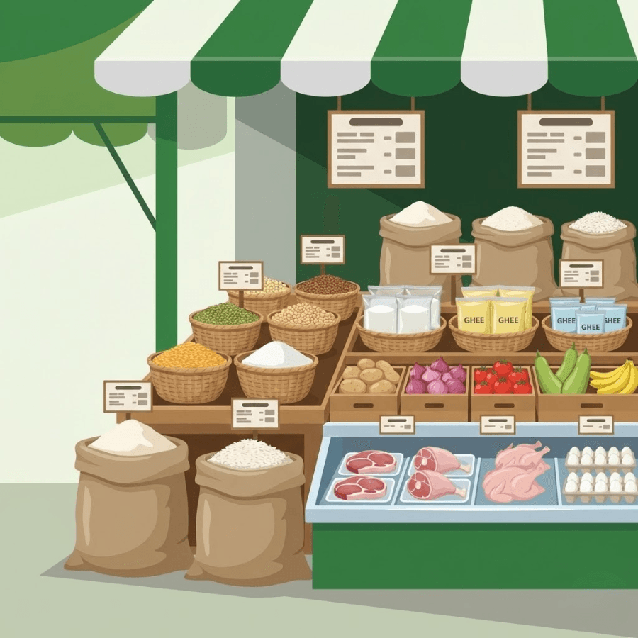 Essential food items at Punjab Sahulat Bazaar in Punjab, Pakistan, including flour, rice, pulses, sugar, ghee, vegetables, fruits, meat, poultry, and eggs displayed in a clean and regulated market environment with daily price enforcement.