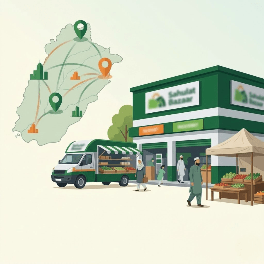 Map showing Sahulat Bazaar store locations across Punjab with a government-run market, mobile bazaar van, and grocery stalls selling fruits and vegetables.