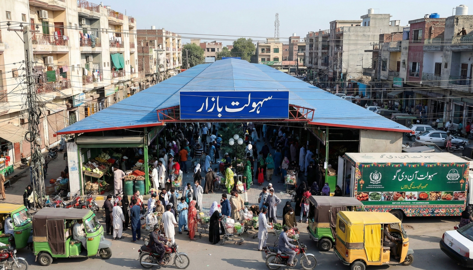 Front entrance view of Sahulat Bazar Lahore with Urdu signage, crowded shoppers, rickshaws, and surrounding residential buildings in China Scheme area.